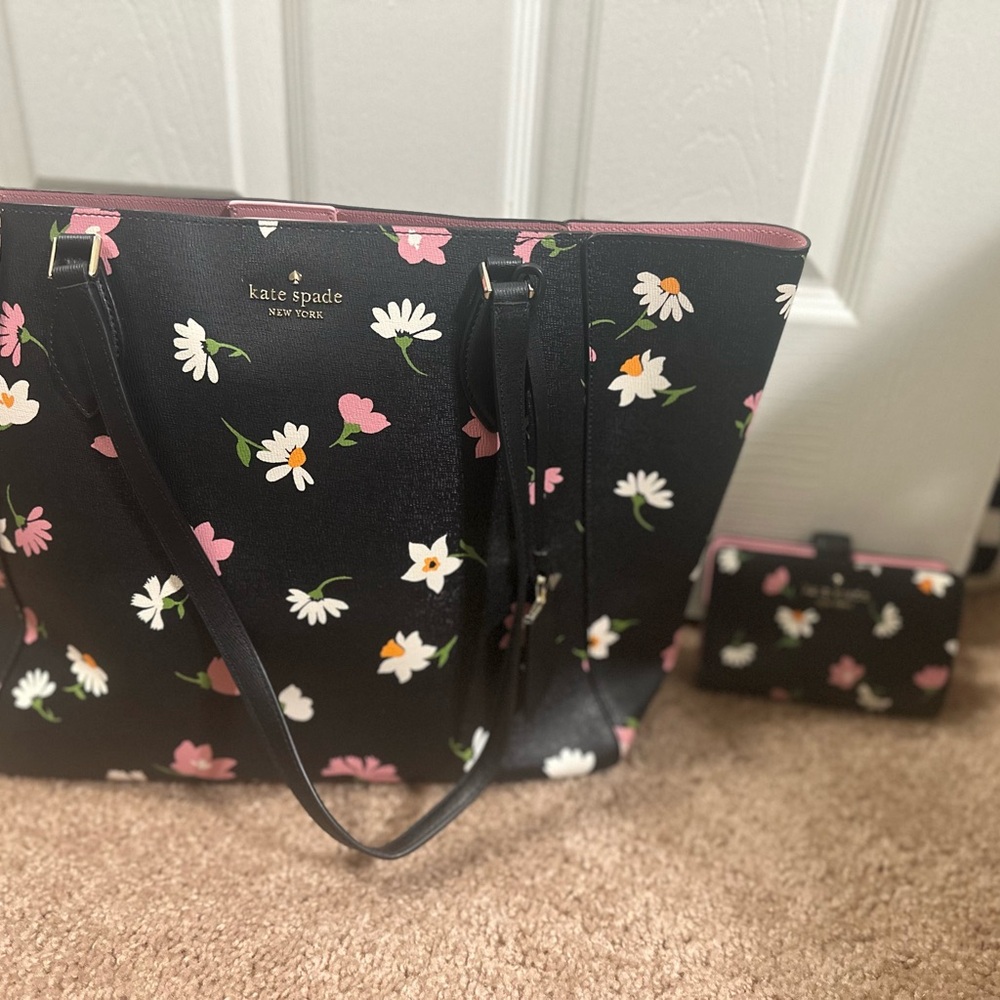 Kate Spade Black and Pink Floral Tote Bag and Wallet